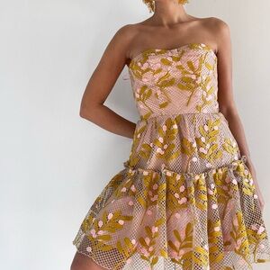Anthropologie | Pink & mustard strapless embroidered floral dress | Size 6 | NWT